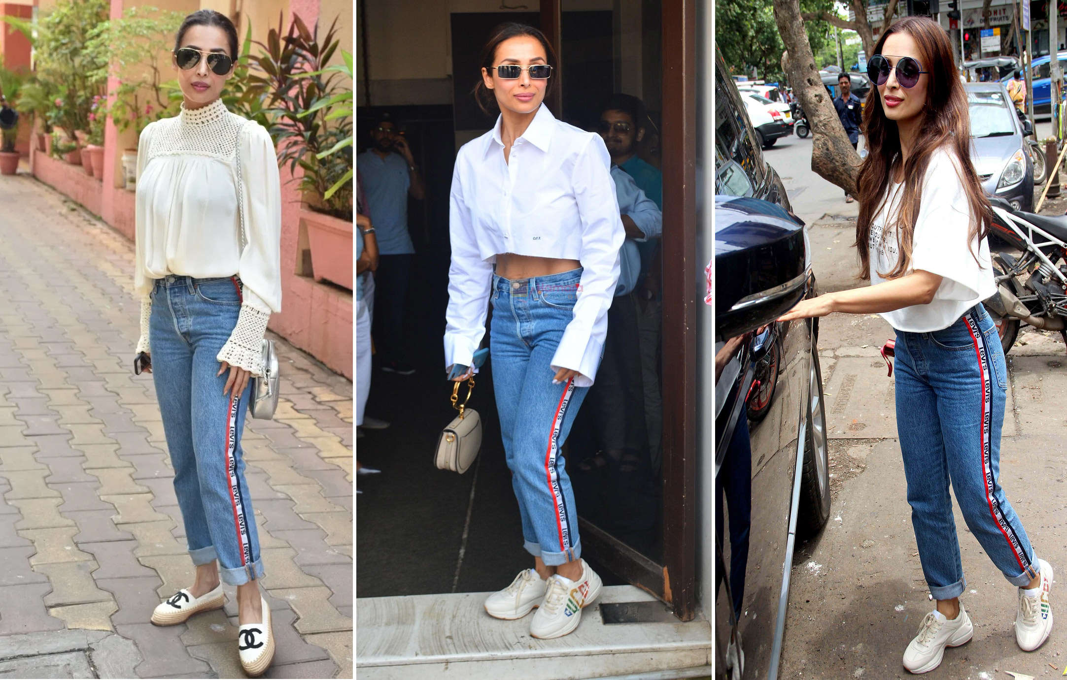 Levis जींस के साथ वाइट टॉप ऐंड शर्ट